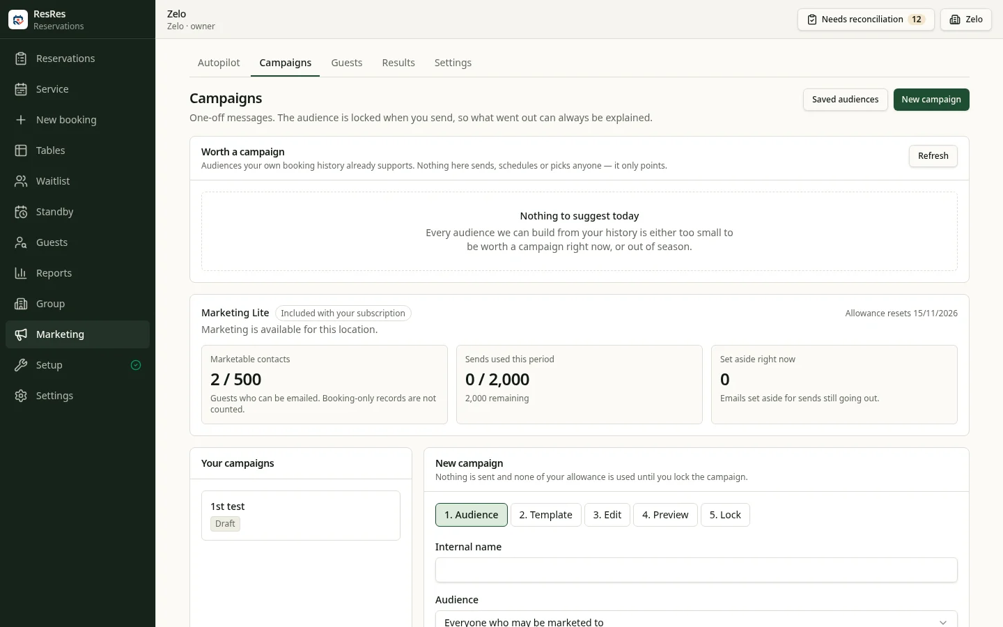ResRes Campaigns screen with Marketing Lite allowance, a draft campaign and the audience, template, edit, preview and lock steps.