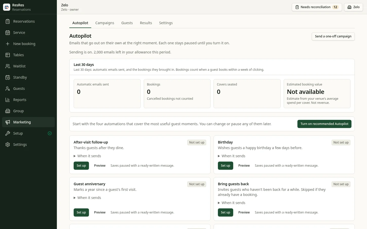 ResRes Autopilot screen listing After-visit follow-up, Birthday, Guest anniversary and Bring guests back, all not yet set up.